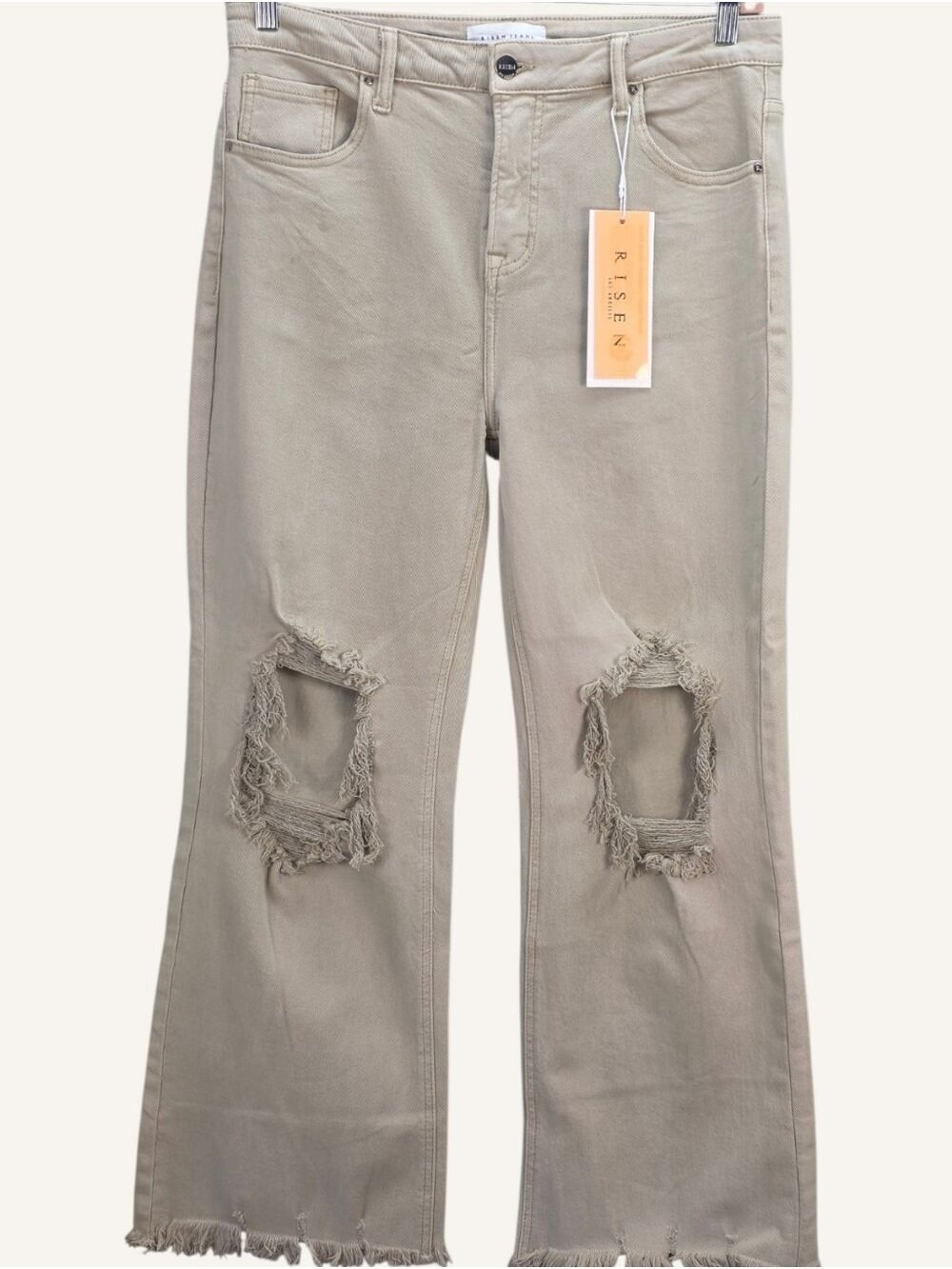 Risen Jeans High Rise Distressed Wide Leg Tan Jeans Size 15/32 NWT